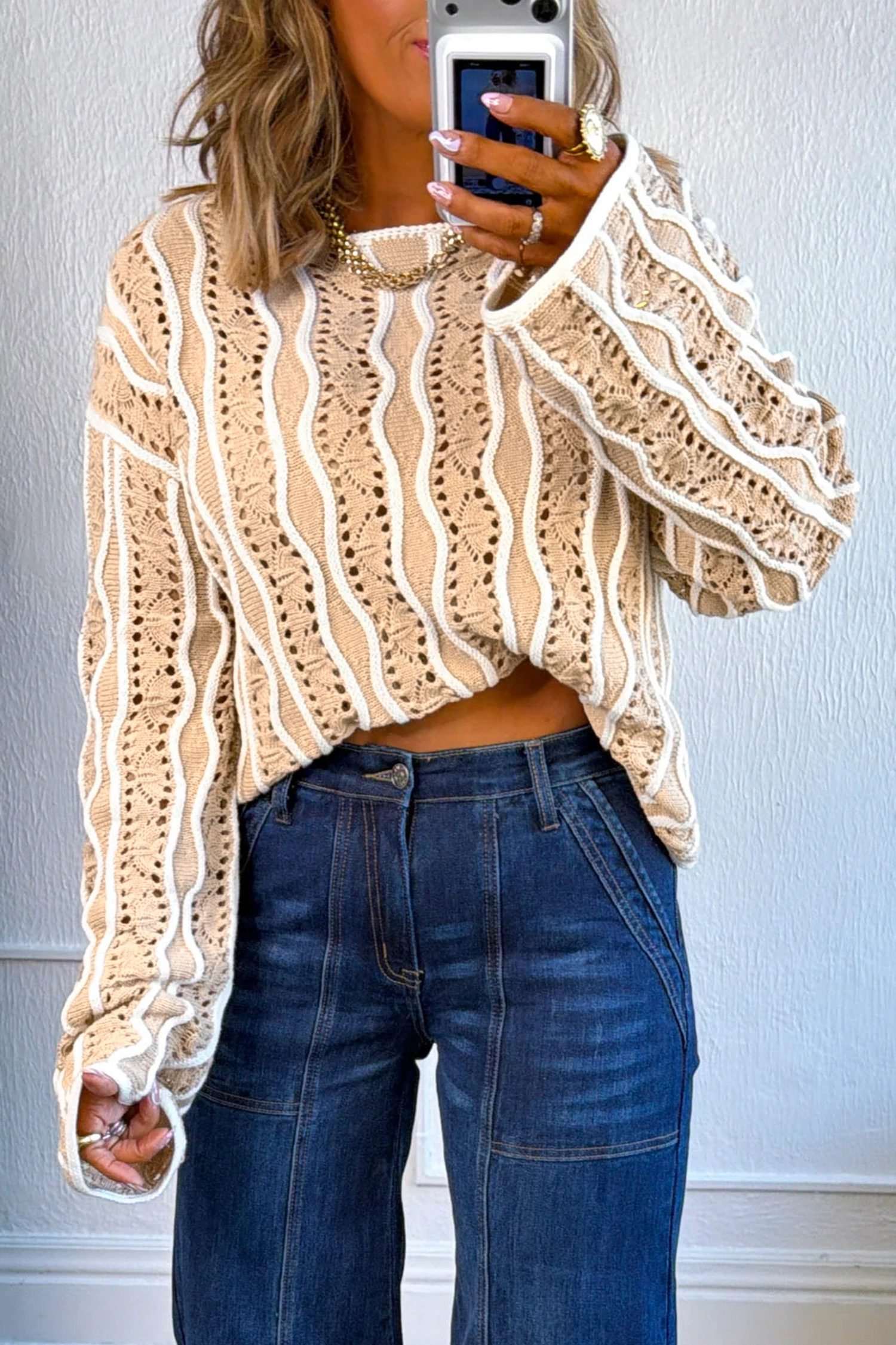 Khaki Wavy Detail Hollow Out Knit Long Sleeve Cotton Pullover Sweater