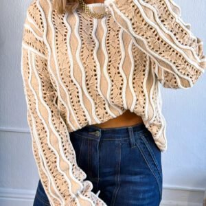 Khaki Wavy Detail Hollow Out Knit Long Sleeve Cotton Pullover Sweater