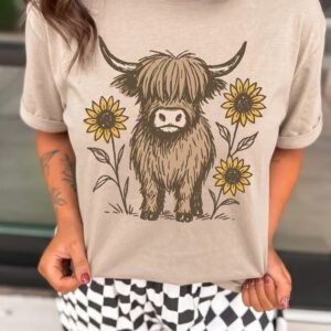Khaki Western Print Highland Cow Graphic T-Shirt