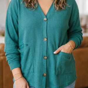 Lapis V Neck Waffle Textured Button Front Tunic Long Sleeve Plus Size Cardigan