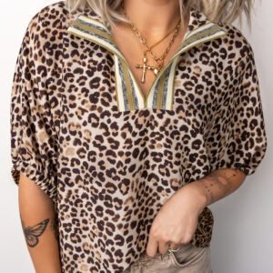 Leopard Contrast Trim V Neck Half Sleeve Western Dolman Blouse