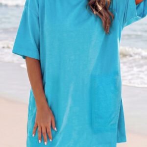 Light Blue Drop Shoulder Loose Casual T Shirt Mini Dress
