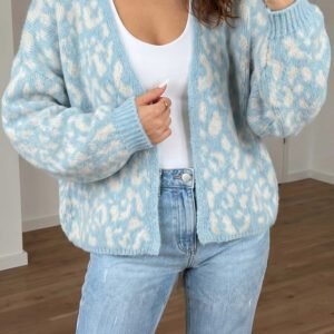 Light Blue Leopard Print V Neck Long Sleeve Loose Fit Knit Cardigan