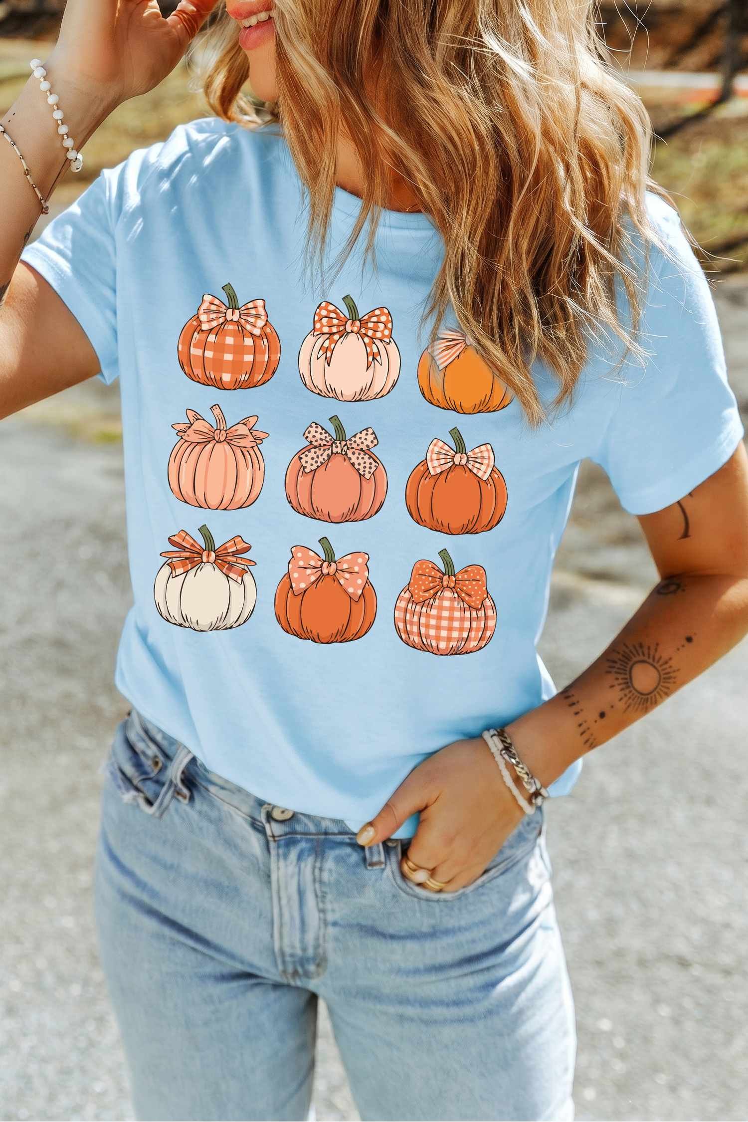 Light Blue Multi Pumpkin Print ODM Custom Graphic T Shirt