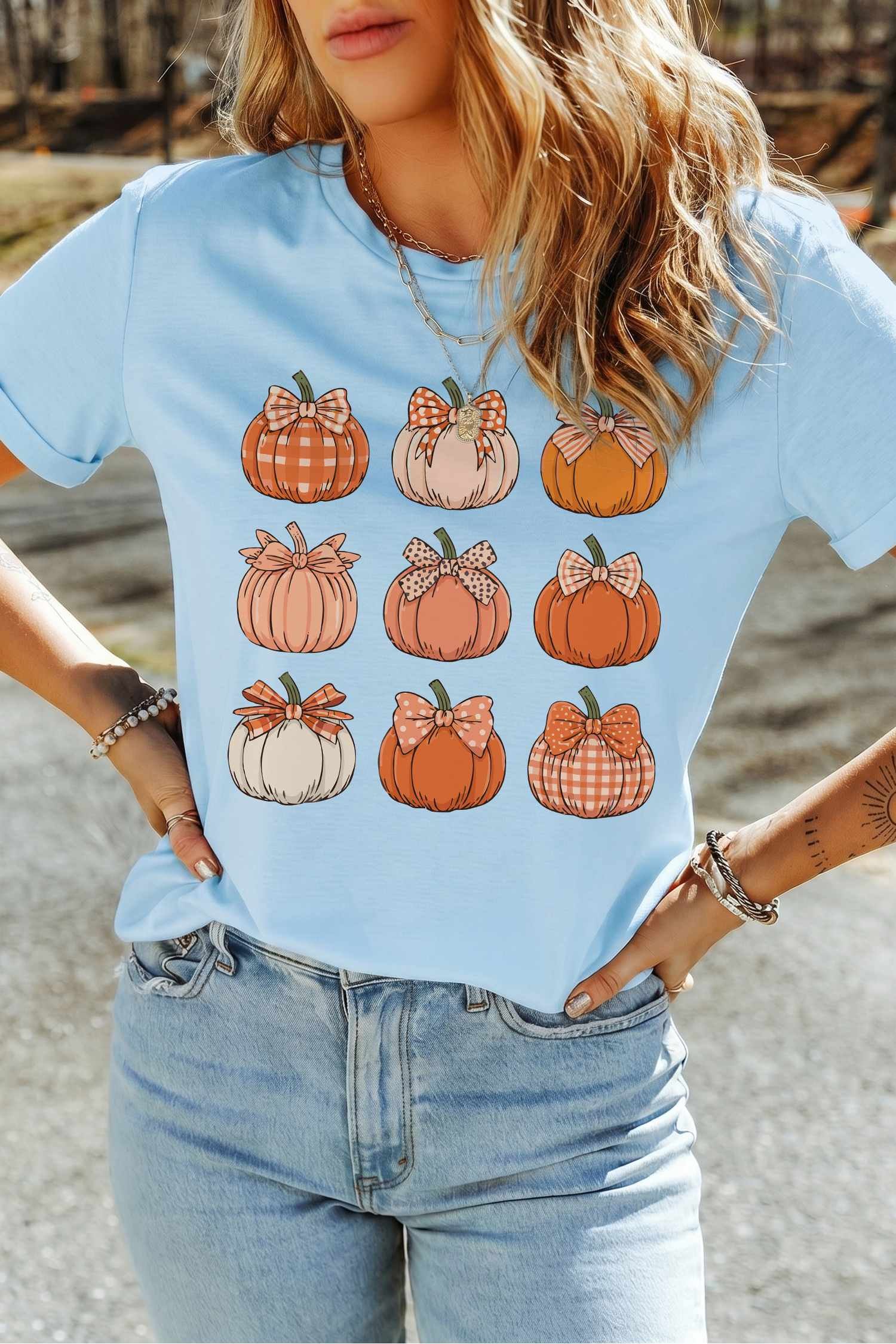 Light Blue Multi Pumpkin Print ODM Custom Graphic T Shirt