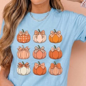 Light Blue Multi Pumpkin Print ODM Custom Graphic T Shirt