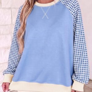 Light Blue Plaid Sleeve Colorblock Raglan Pullover Sweatshirt