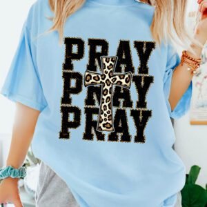 Light Blue PRAY Leopard Cross Graphic Loose Round Neck T Shirt