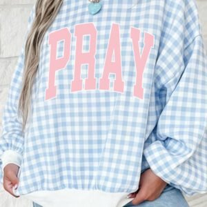 Light Blue PRAY Slogan Graphic Pullover Sweatshirt