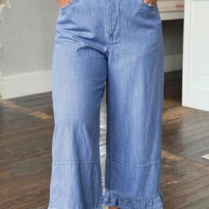 Light Blue Ruffle Hem Wide Leg Full Length Plus Size Jeans