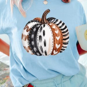 Light Blue Thanksgiving Pumpkin Print Graphic T-Shirt