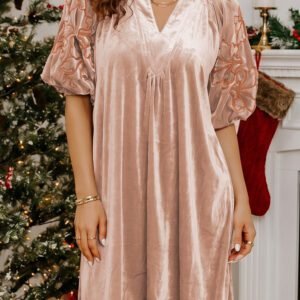 Light French Beige Embroidered Sleeve Velvet Mini Shift Dress