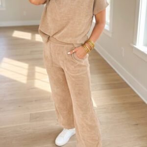 Light French Beige Solid Color Short Sleeve Ribbed Top Casual Pants 2pcs Set
