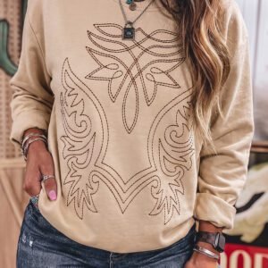 Light French Beige Western Embroidery Round Neck Pullover Long Sleeve Sweatshirt