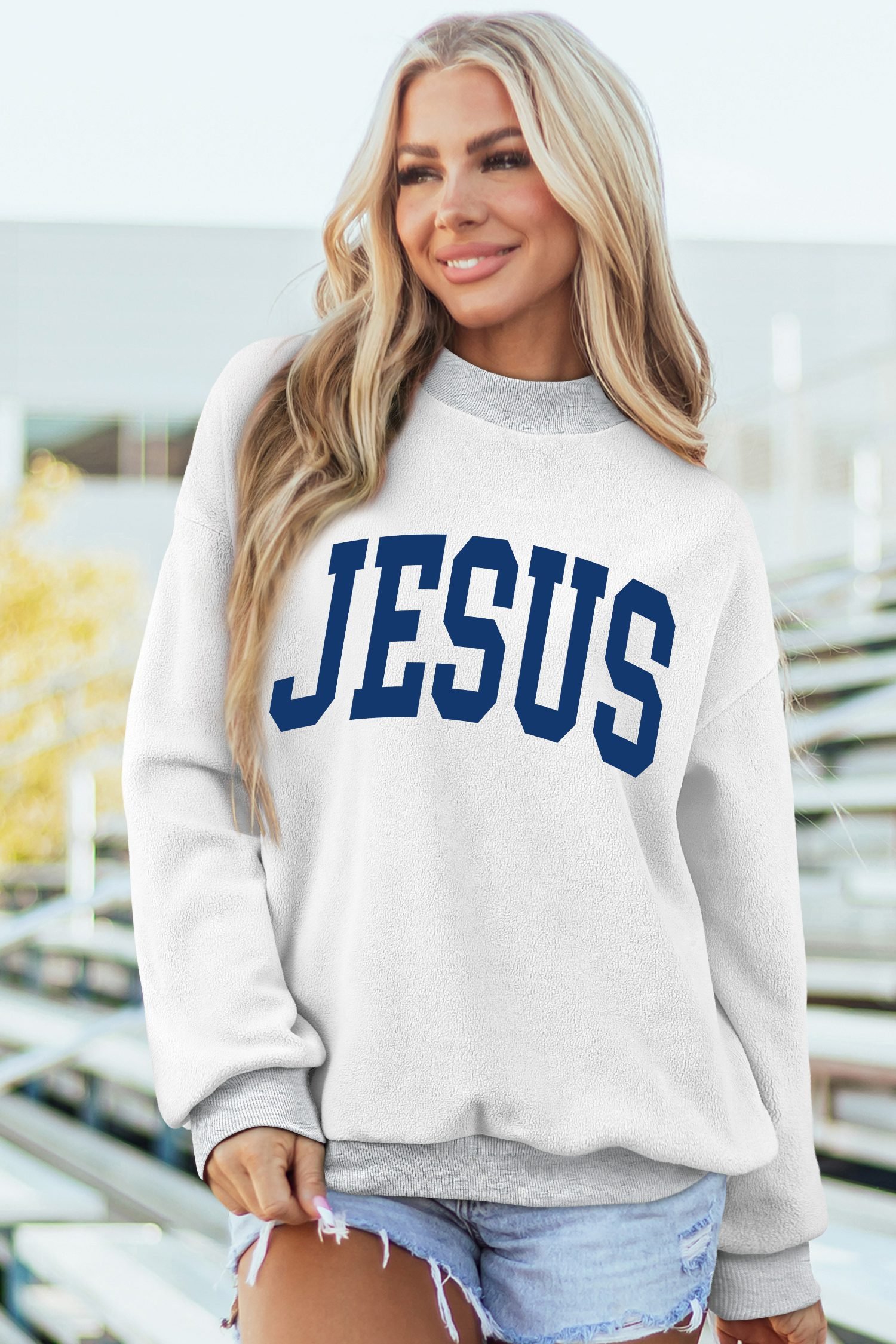Light Grey FAITH/ JESUS Double Side Letter Print Casual High Neck Sweatshirt