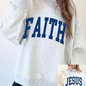 Light Grey FAITH/ JESUS Double Side Letter Print Casual High Neck Sweatshirt