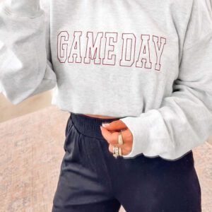 Light Grey Game Day Letter Embroidery Long Sleeve Round Neck Sweatshirt
