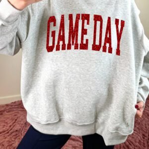 Light Grey Glitter Letter Game Day Mock Neck Casual Graphic Sweatshirt