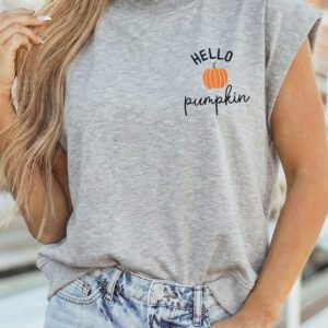 Light Grey HELLO Pumpkin Embroidered Graphic High Neck Cap Sleeve Top