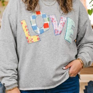 Light Grey Long Sleeve Patch Embroidery Tunic Plus Size Blouse