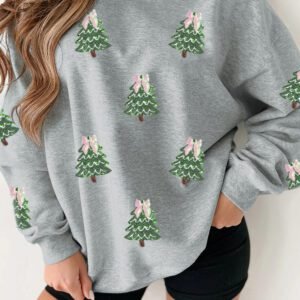 Light Grey Sequin Christmas Tree Graphic Drop Shoulder Pullover Sweatshirt