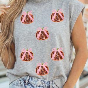 Light Grey Sequin Pumpkin Graphic High Neck Cap Sleeve Top