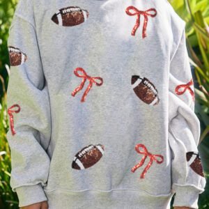 Light Grey Sequin Rugby Bow Graphic Mock Neck Relaxed Pullover Sweatshirt