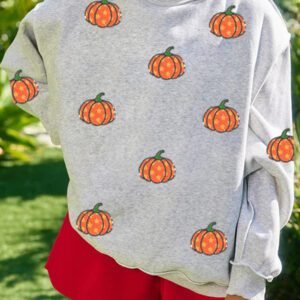Light Grey Sequin Star Pumpkin Graphic Exposed Seam Mock Neck Sweatshirt