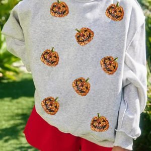 Light Grey Sequined Halloween Pumpkin Graphic Exposed Seam Mock Neck Sweatshirt