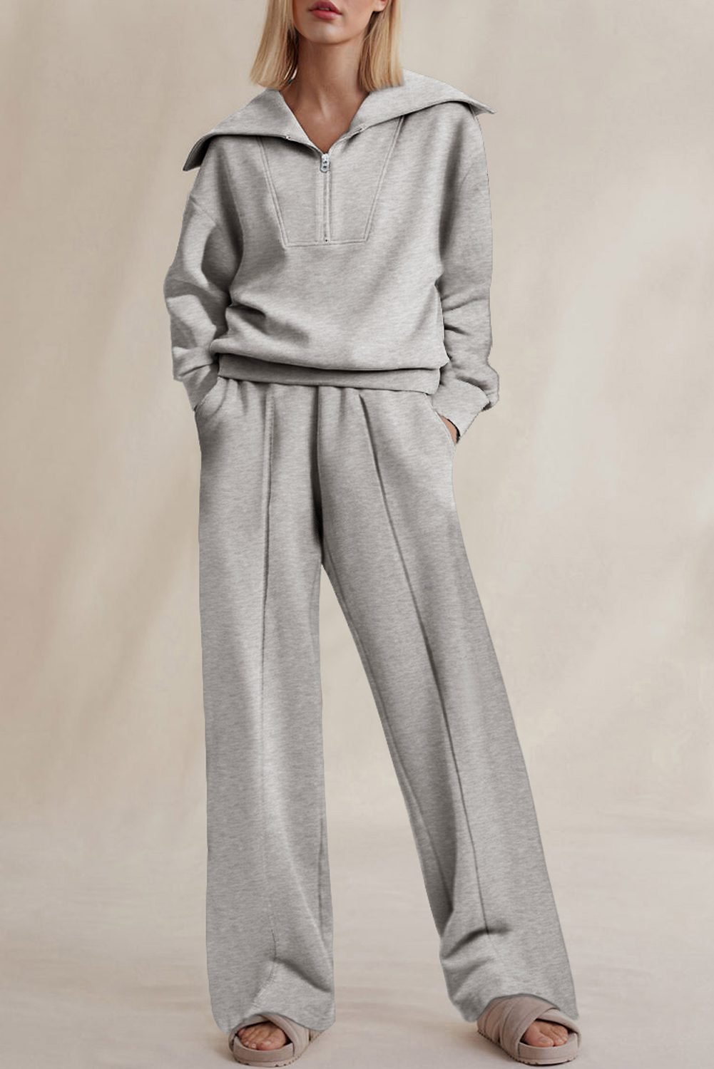 Light Grey Solid Zip Sailor Collar Pullover Athleisure Sweatpants 2pcs Set