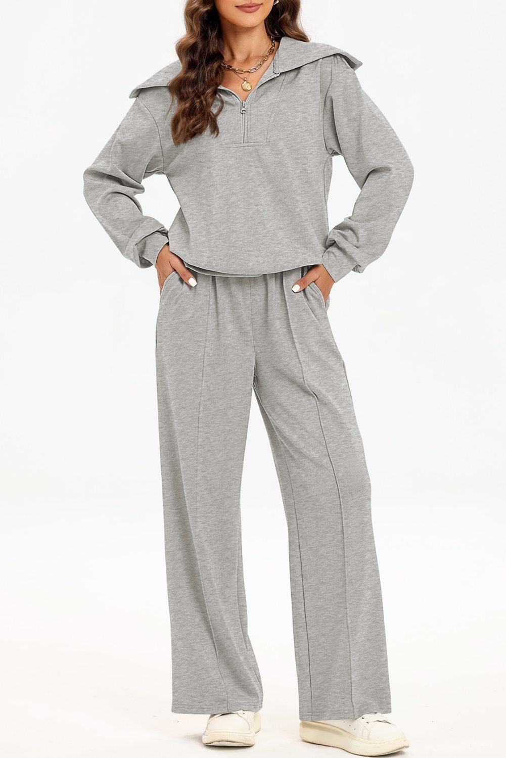 Light Grey Solid Zip Sailor Collar Pullover Athleisure Sweatpants 2pcs Set