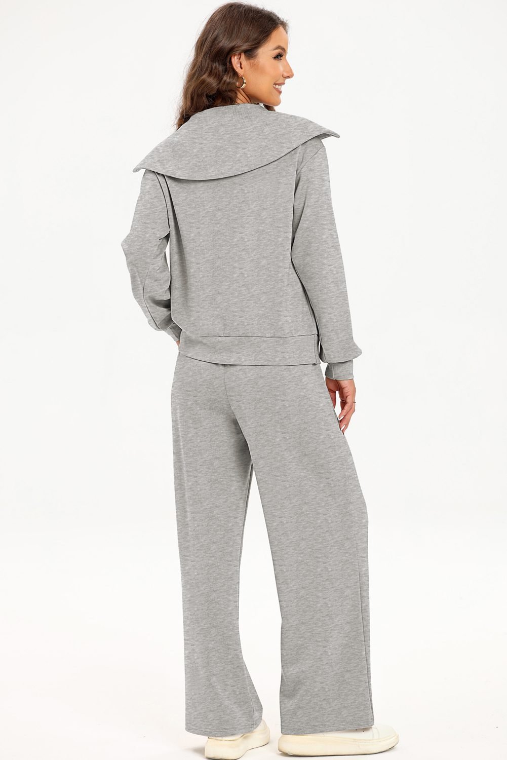 Light Grey Solid Zip Sailor Collar Pullover Athleisure Sweatpants 2pcs Set