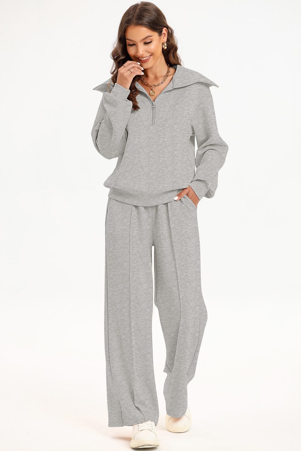 Light Grey Solid Zip Sailor Collar Pullover Athleisure Sweatpants 2pcs Set
