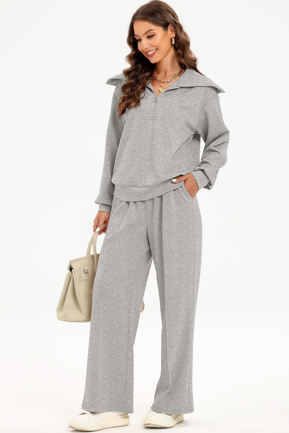 Light Grey Solid Zip Sailor Collar Pullover Athleisure Sweatpants 2pcs Set