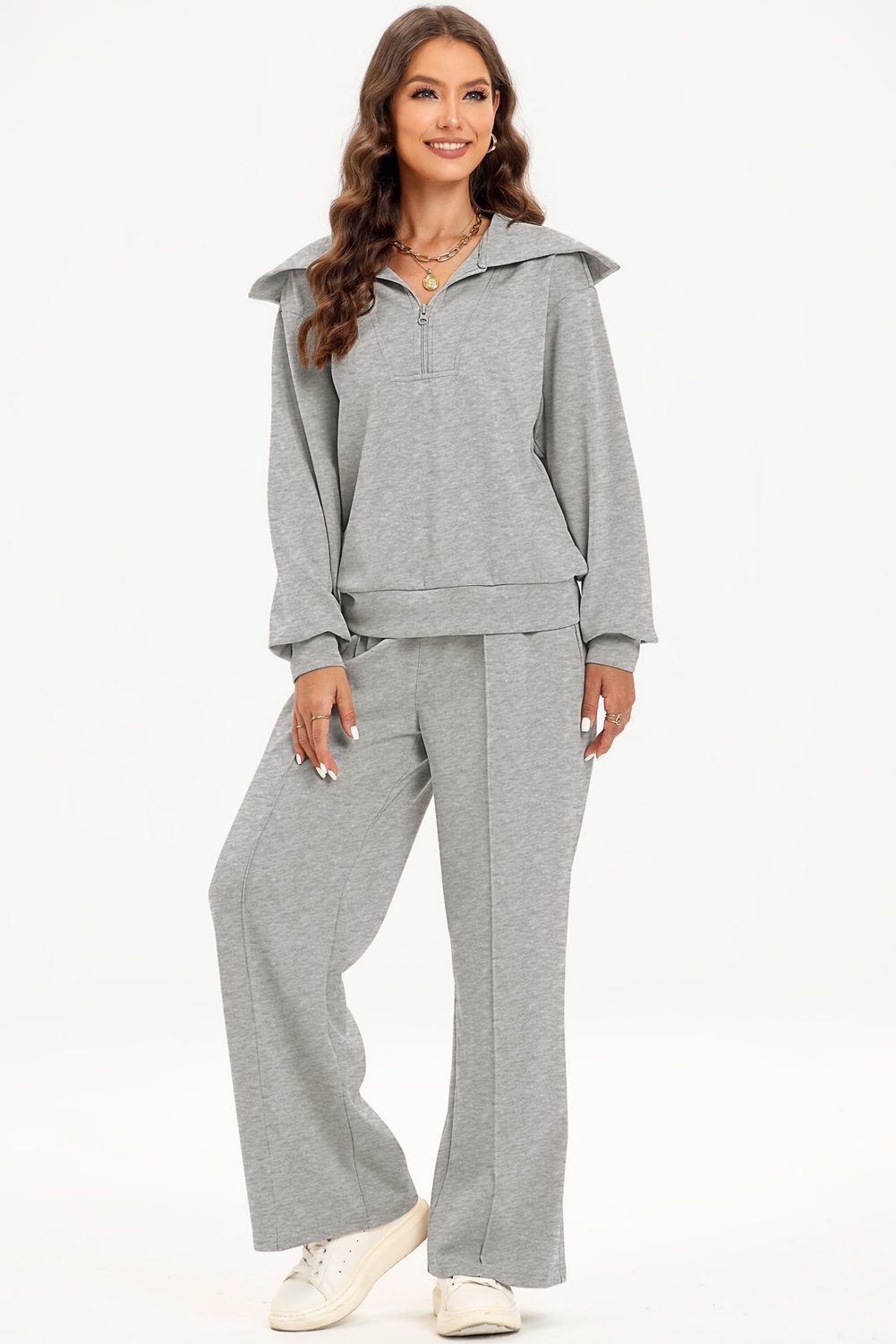 Light Grey Solid Zip Sailor Collar Pullover Athleisure Sweatpants 2pcs Set