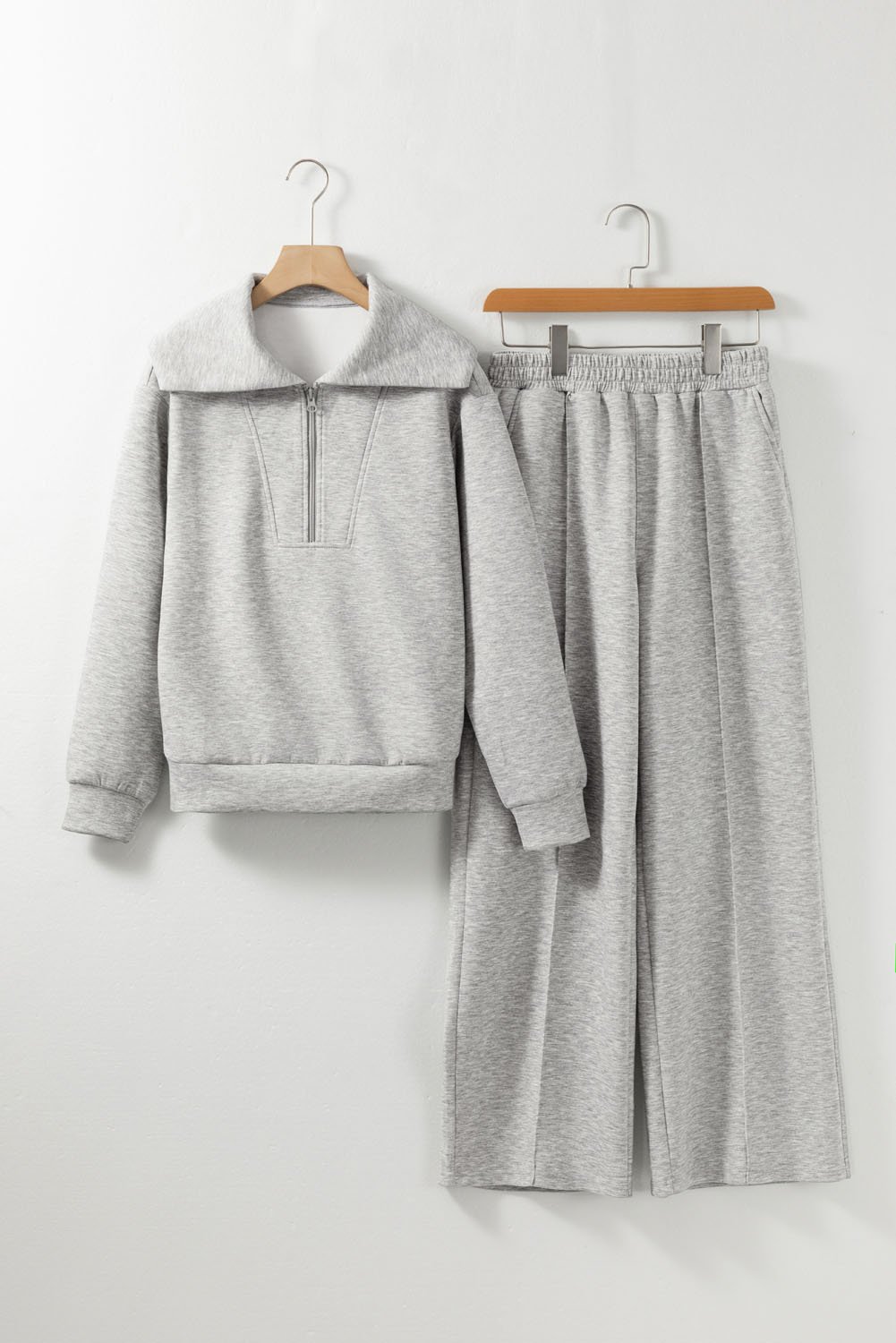 Light Grey Solid Zip Sailor Collar Pullover Athleisure Sweatpants 2pcs Set
