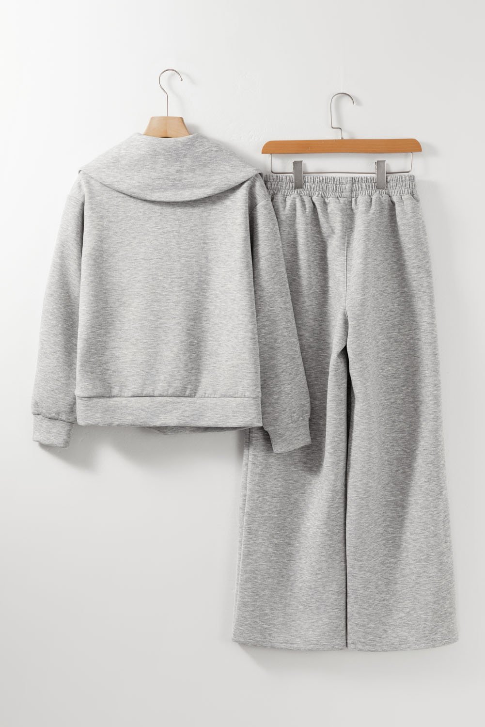 Light Grey Solid Zip Sailor Collar Pullover Athleisure Sweatpants 2pcs Set