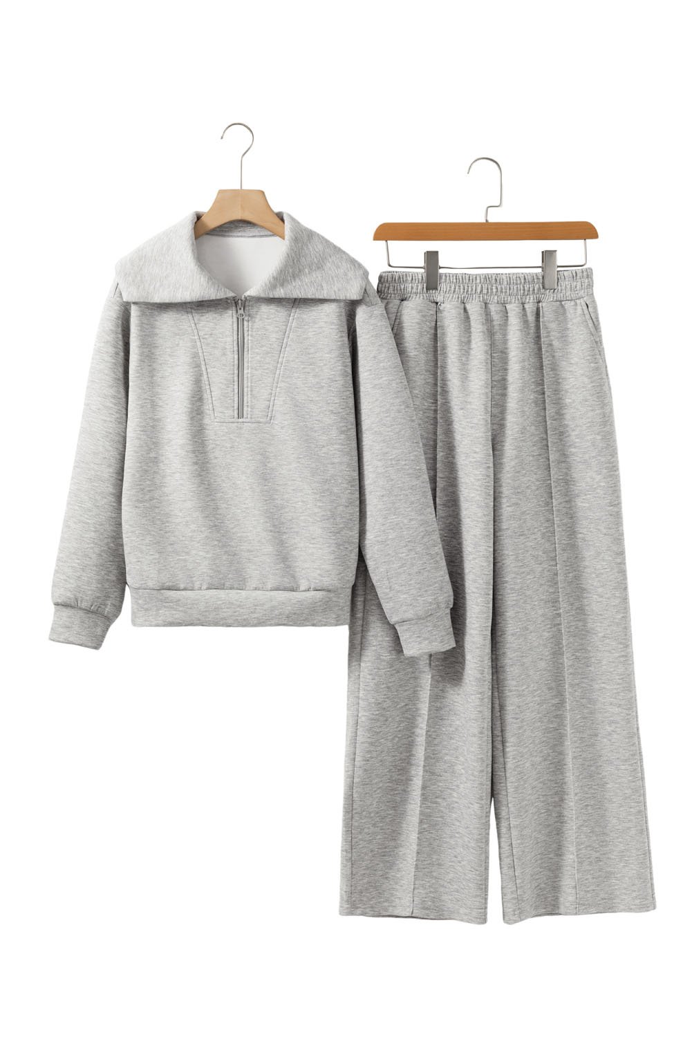 Light Grey Solid Zip Sailor Collar Pullover Athleisure Sweatpants 2pcs Set
