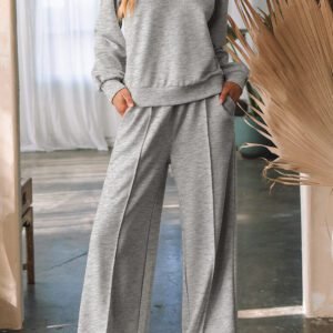 Light Grey Solid Zip Sailor Collar Pullover Athleisure Sweatpants 2pcs Set