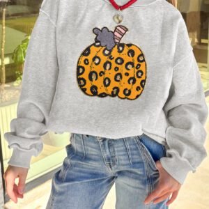 Light Grey Thanksgiving Leopard Print Pumpkin Graphic Mock Neck Sweatshirt