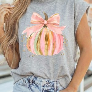 Light Grey Unique Pumpkin Bow Graphic High Neck Cap Sleeve Top