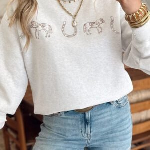 Light Grey Western Print Embroidered Casual Sweatshirt