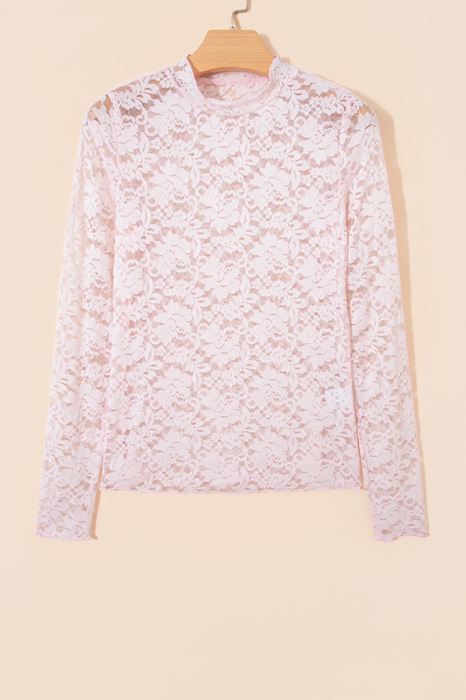 Light Pink Floral Lace Long Sleeve Stand Neck Pullover Top