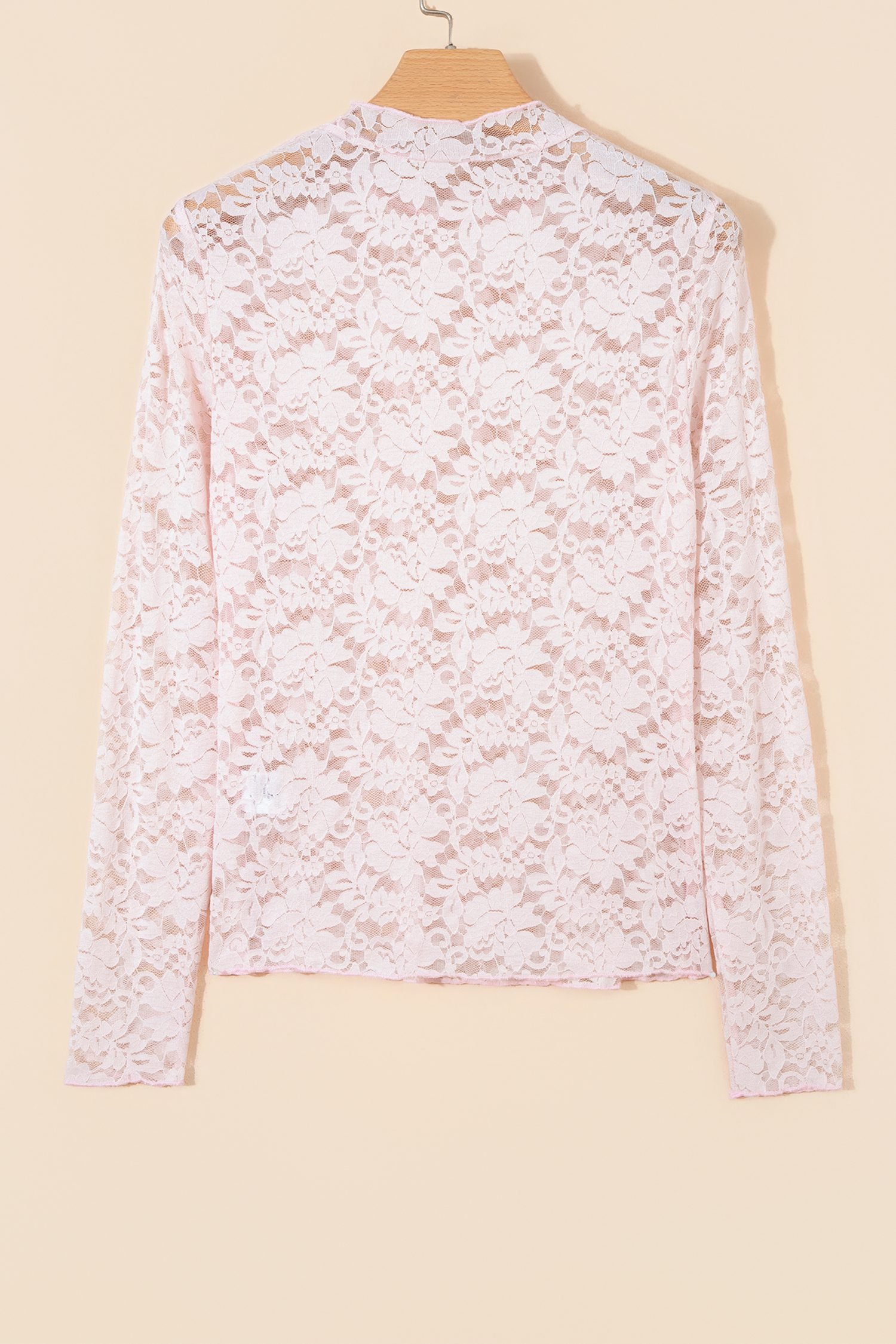 Light Pink Floral Lace Long Sleeve Stand Neck Pullover Top