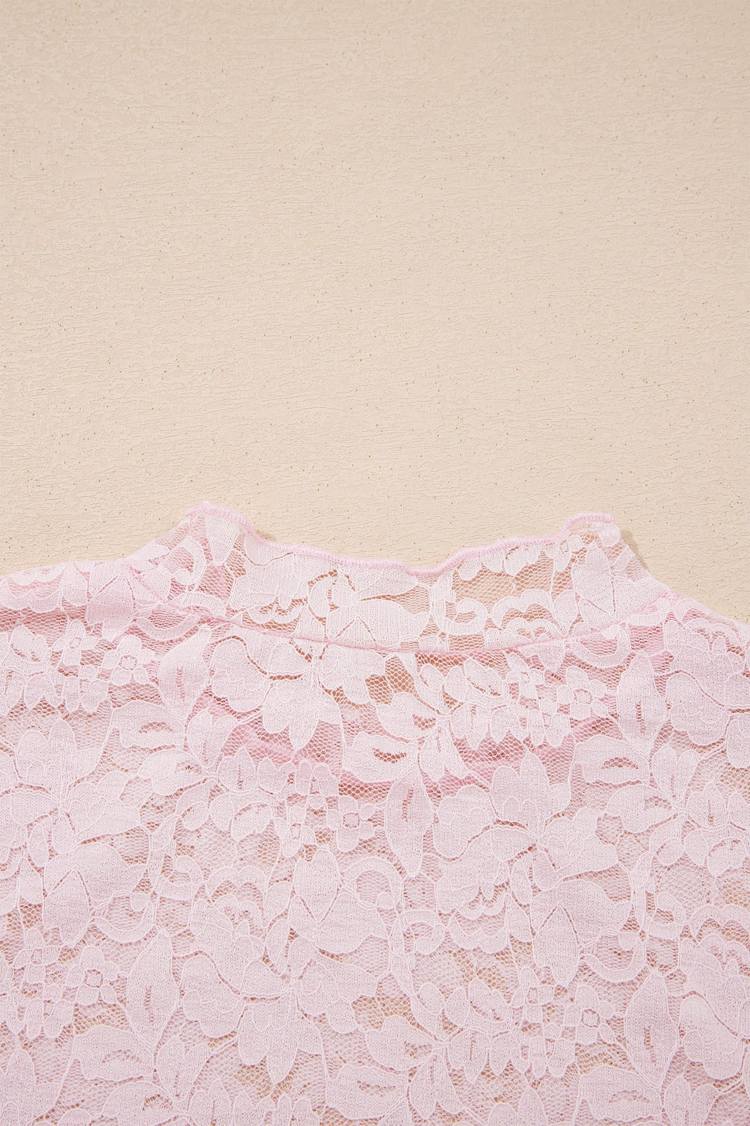 Light Pink Floral Lace Long Sleeve Stand Neck Pullover Top
