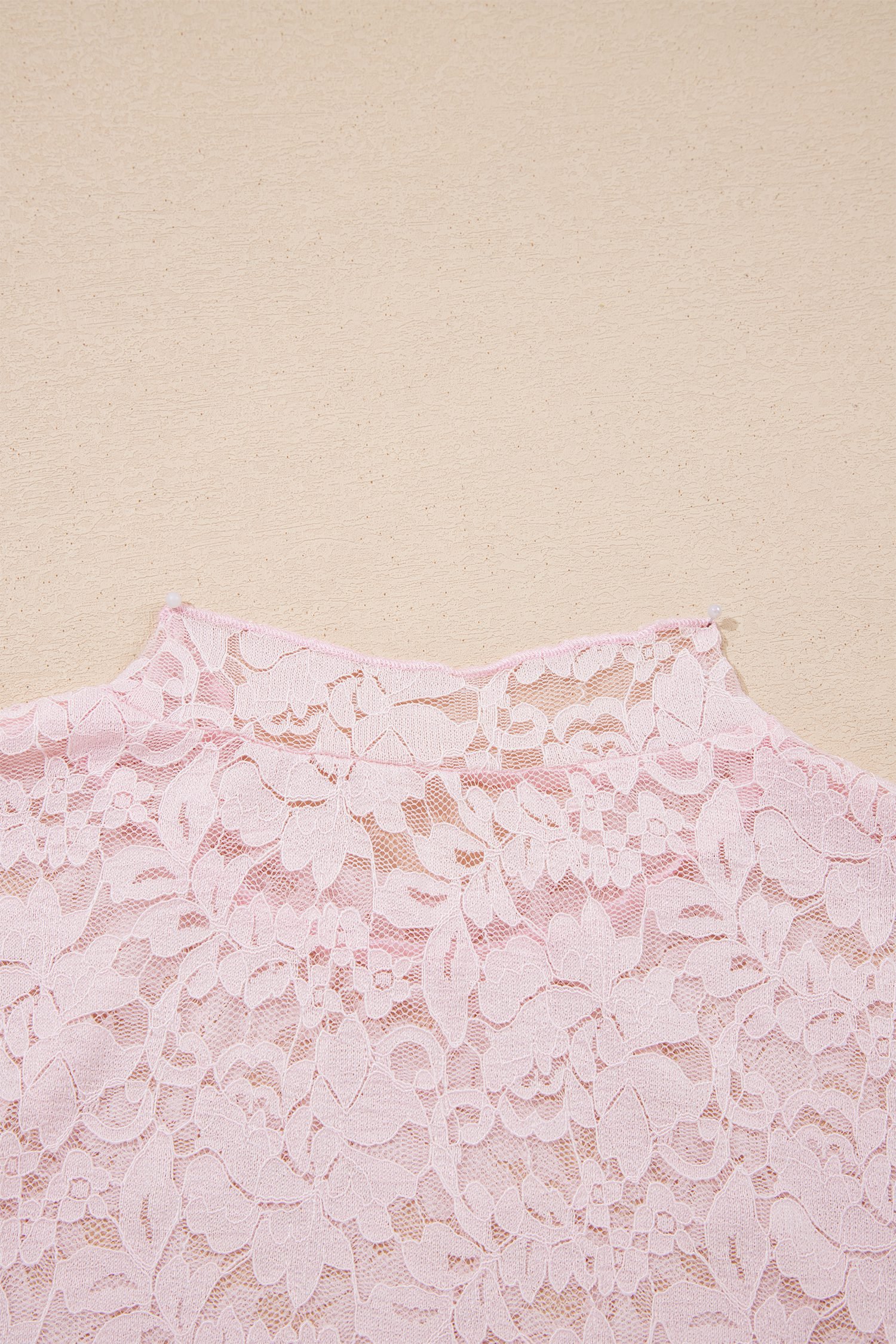 Light Pink Floral Lace Long Sleeve Stand Neck Pullover Top