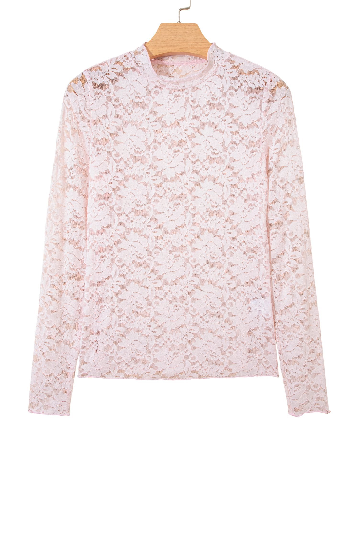 Light Pink Floral Lace Long Sleeve Stand Neck Pullover Top