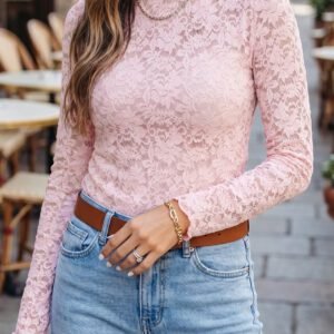Light Pink Floral Lace Long Sleeve Stand Neck Pullover Top