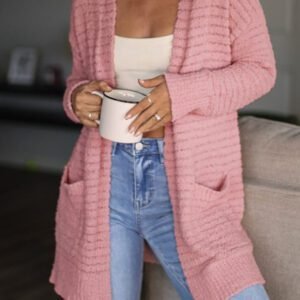 Light Pink Open Front Soft Fuzzy Ribbed Sweater Cardigan