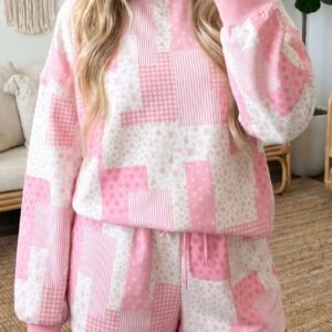 Light Pink Patchwork Floral Print Drop Shoulder Baggy Pullover Drawstring Shorts Set